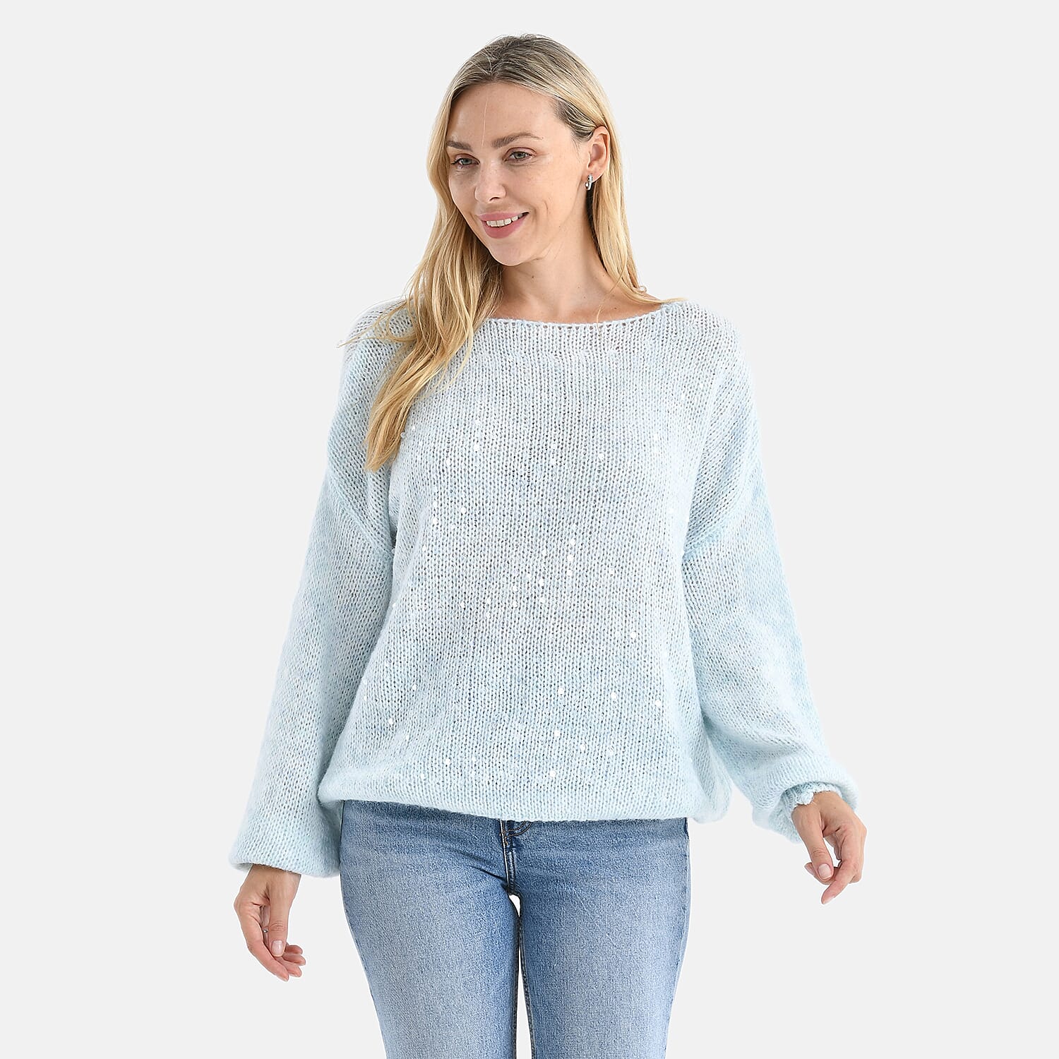 - Maisi Sequined Boatneck Relaxed Knitted Jumper with Balloon Sleeves (One Size 8 to 20) - Blue