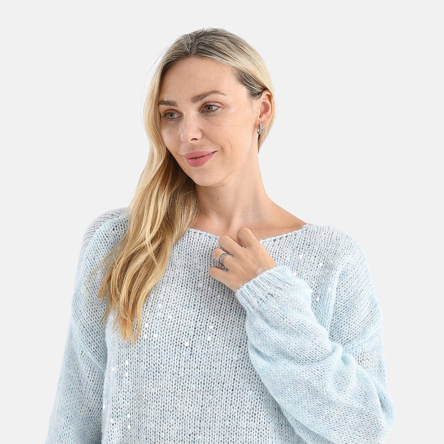 - Maisi Sequined Boatneck Relaxed Knitted Jumper with Balloon Sleeves (One Size 8 to 20) - Blue