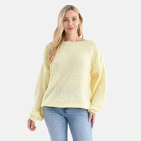 FASHION GALA 2026 - - Maisi Sequined Boatneck Relaxed Knitted Jumper with Balloon Sleeves (One size 8 to 20) - Lemon Yellow