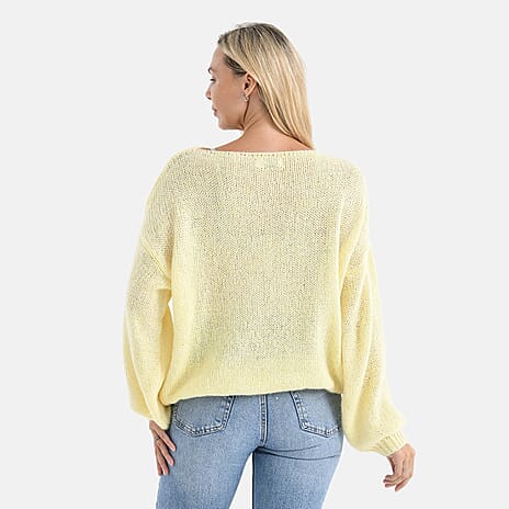 FASHION GALA 2026 - - Maisi Sequined Boatneck Relaxed Knitted Jumper with Balloon Sleeves (One size 8 to 20) - Lemon Yellow