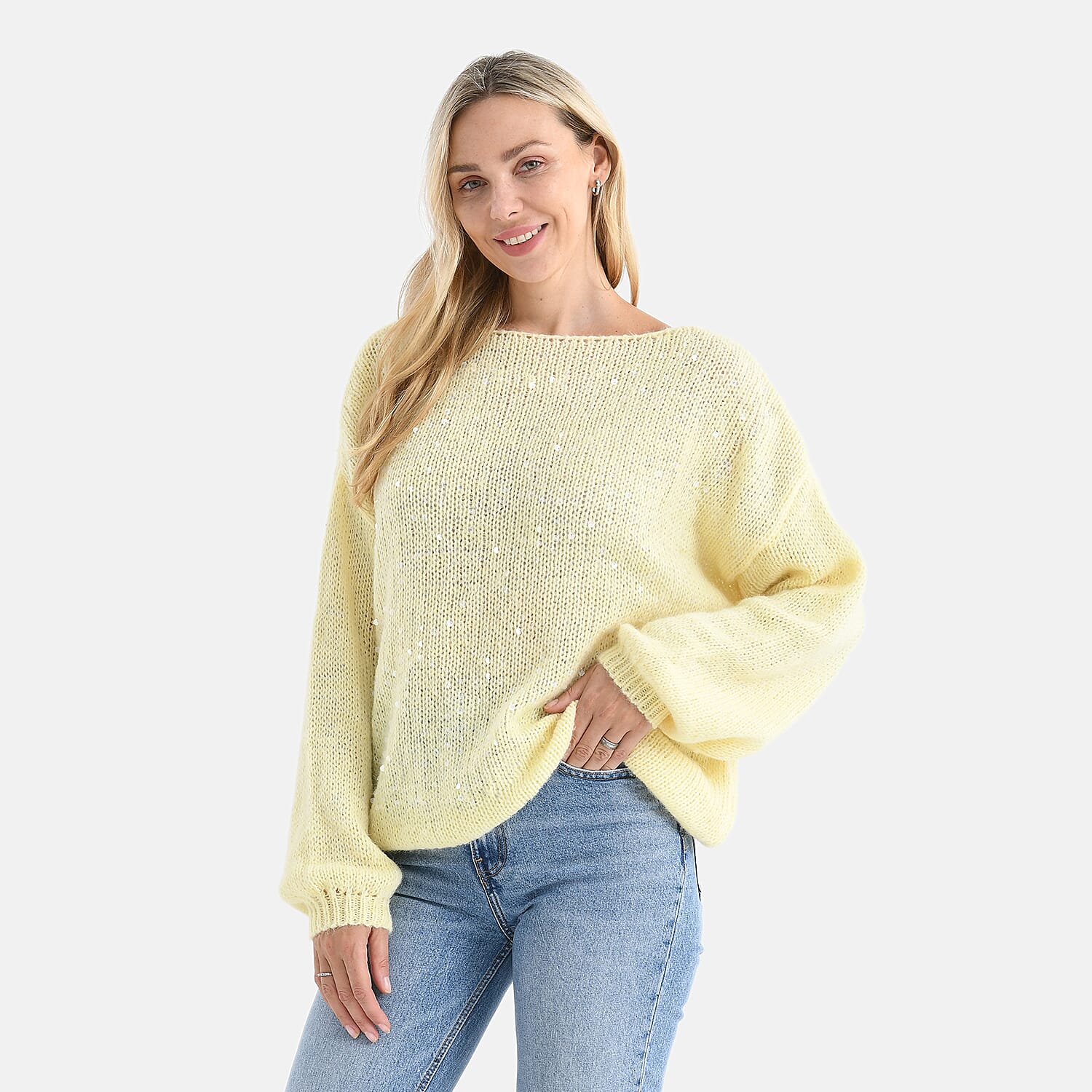 - Maisi Sequined Boatneck Relaxed Knitted Jumper with Balloon Sleeves (One size 8 to 20) - Lemon Yellow