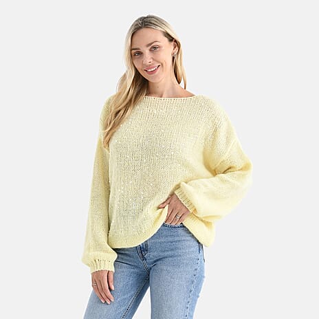 FASHION GALA 2026 - - Maisi Sequined Boatneck Relaxed Knitted Jumper with Balloon Sleeves (One size 8 to 20) - Lemon Yellow