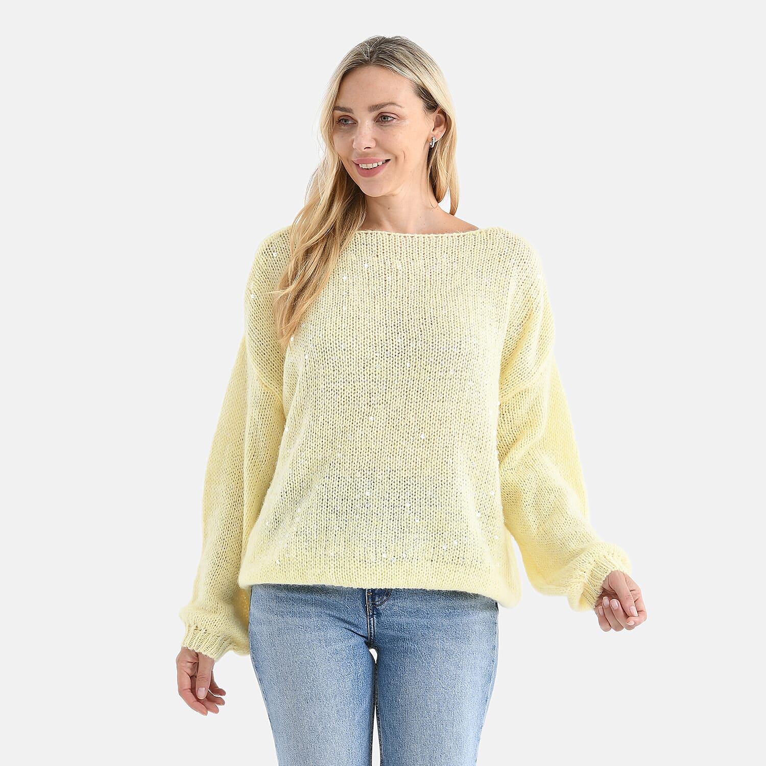 - Maisi Sequined Boatneck Relaxed Knitted Jumper with Balloon Sleeves (One size 8 to 20) - Lemon Yellow