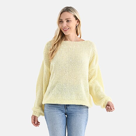 FASHION GALA 2026 - - Maisi Sequined Boatneck Relaxed Knitted Jumper with Balloon Sleeves (One size 8 to 20) - Lemon Yellow