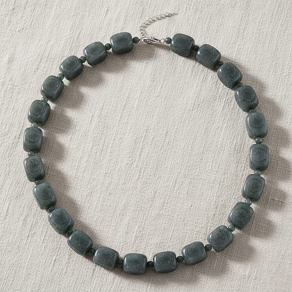 Natural Type A Jadeite Beads Necklace (Size 20 - 2 Ext) with Lobster Clasp in Rhodium Overlay Sterling Silver 610.00 Ct.