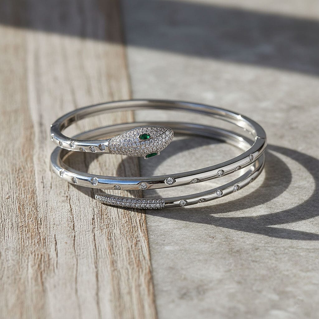 BIGGEST DESIGNER CLOSEOUT - Biacco Collection - Green Cubic Zirconia & White Cubic Zirconia Serpent Bangle