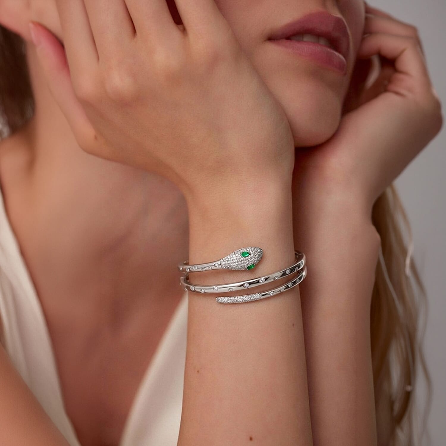 BIGGEST DESIGNER CLOSEOUT - Biacco Collection - Green Cubic Zirconia & White Cubic Zirconia Serpent Bangle