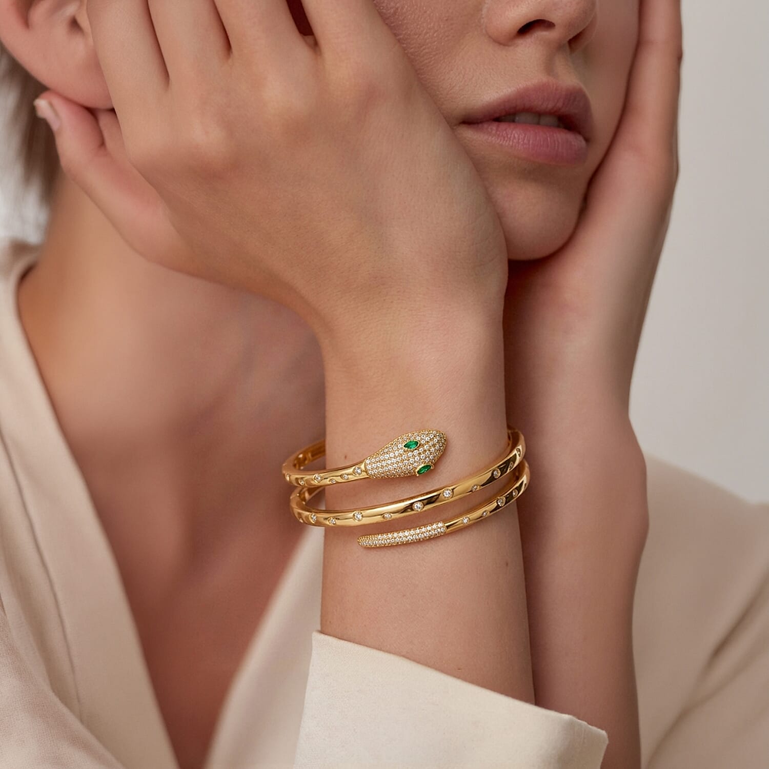 BIGGEST DESIGNER CLOSEOUT - Biacco Collection - Green Cubic Zirconia & White Cubic Zirconia Serpent Bangle
