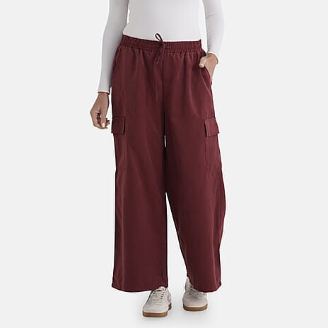 - Maisi Lightweight Cargo Trousers with Elasticated Waist (Size - L) - Burgundy