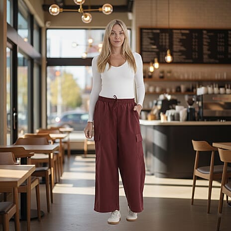 - Maisi Lightweight Cargo Trousers with Elasticated Waist (Size - L) - Burgundy