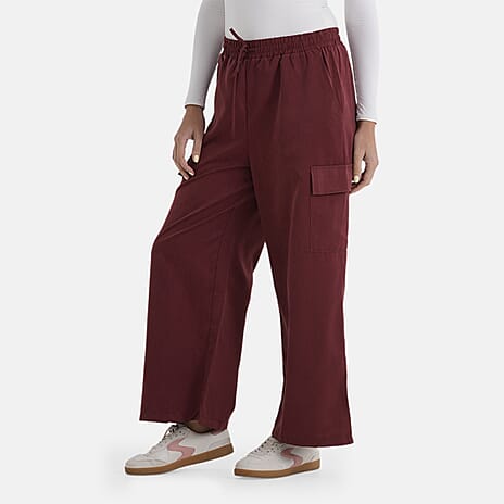 - Maisi Lightweight Cargo Trousers with Elasticated Waist (Size - L) - Burgundy
