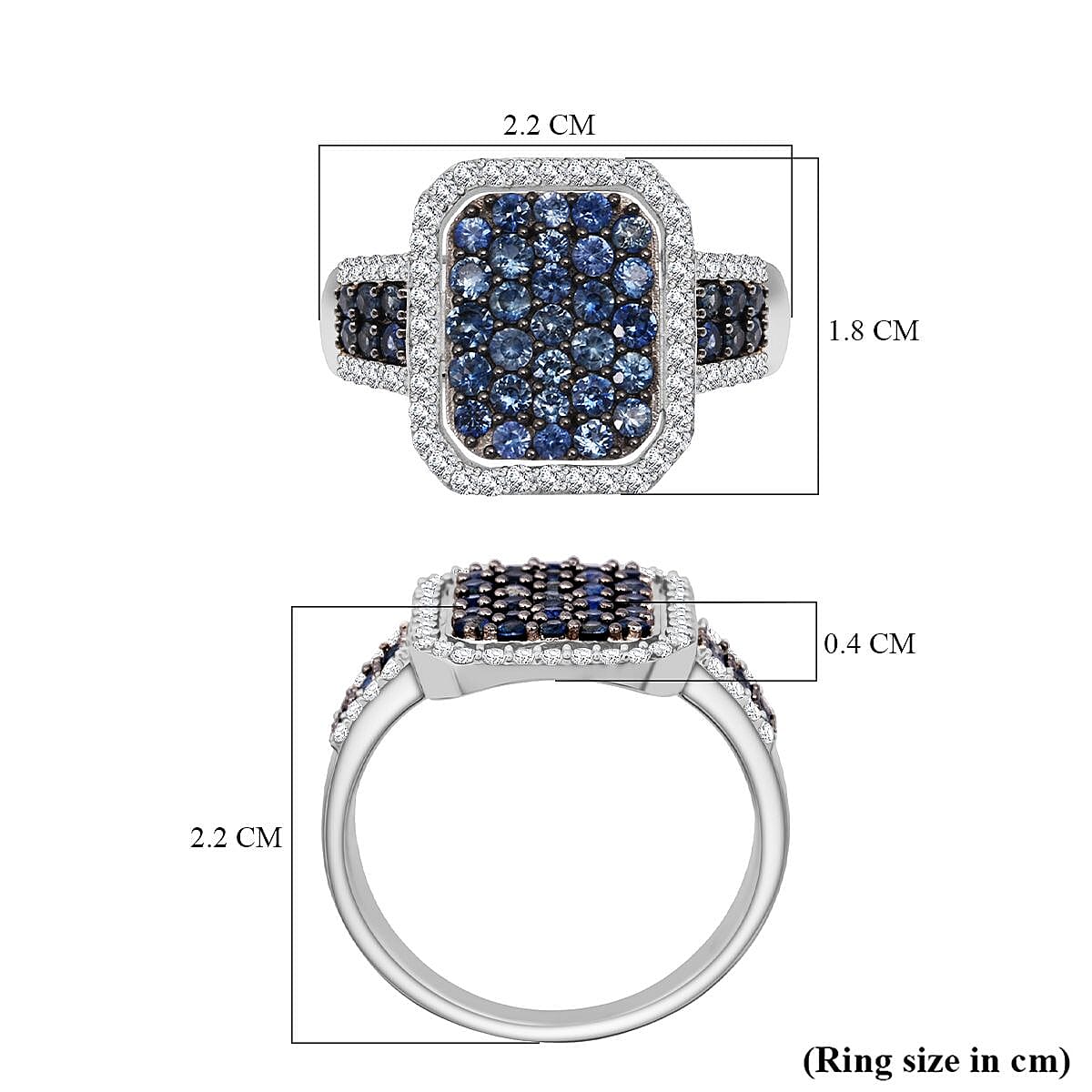 D'Joy Blue Ceylon Sapphire & White Zircon Ring in Rhodium Overlay Sterling Silver 1.96 Ct.