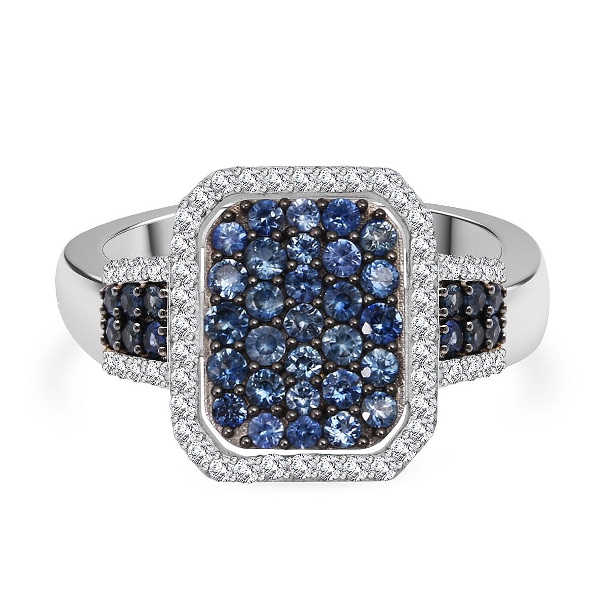 D'Joy Blue Ceylon Sapphire, White Zircon Cluster Ring in Rhodium Overlay Sterling Silver 1.96  Ct.