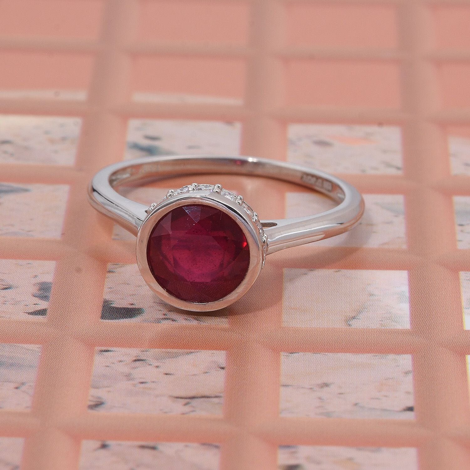 D'Joy African Ruby & Moissanite Ring in Rhodium Overlay Sterling Silver 2.23 Ct.