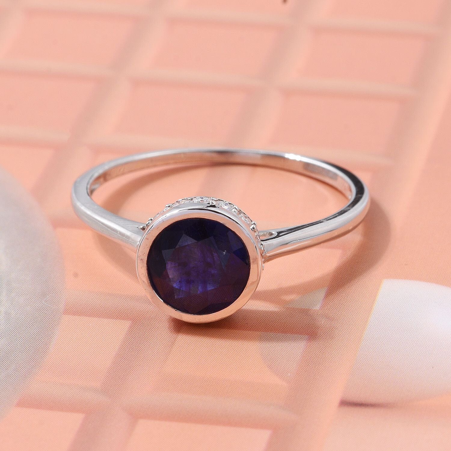 D'Joy Fissure Filled Blue Sapphire & Moissanite Ring in Rhodium Overlay Sterling Silver 2.23 Ct.