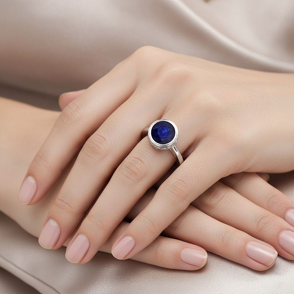 D'Joy Fissure Filled Blue Sapphire & Moissanite Ring in Rhodium Overlay Sterling Silver 2.23 Ct.