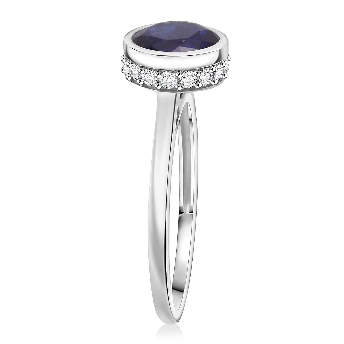 D'Joy Fissure Filled Blue Sapphire & Moissanite Ring in Rhodium Overlay Sterling Silver 2.23 Ct.