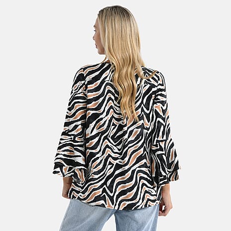 La Marey Bell Sleeves Wave Zebra Print Blouse (Size - 12 to 14) - Black and White