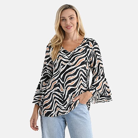 La Marey Fluted Bell Sleeves Irregular Striped Top (Size - 16 to 18) - Black, Orange & White