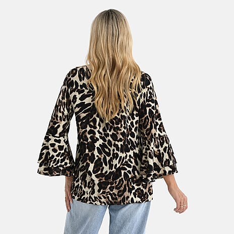 La Marey Bell Sleeves Leopard Print Blouse (Size - 16 to 18) - Brown & Dark Ivory
