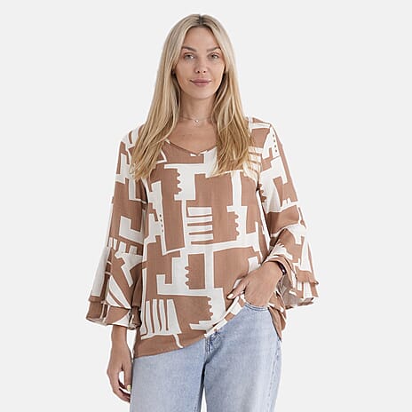 La Marey Round-Neck Flared Sleeve Printed Top (Size 16 to 18) - Light Brown & White