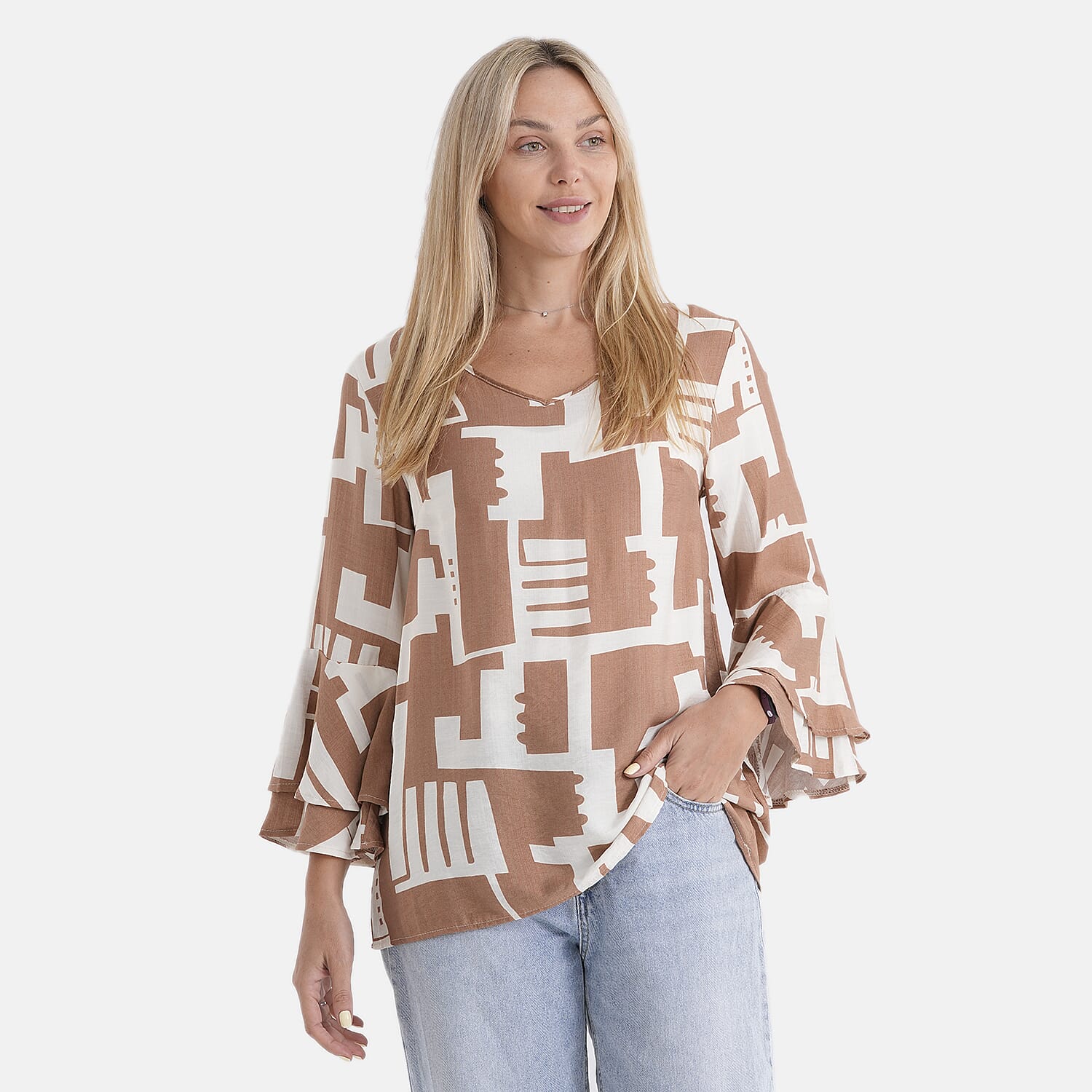La Marey Round-Neck Flared Sleeve Printed Top (Size 16 to 18) - Light Brown & White