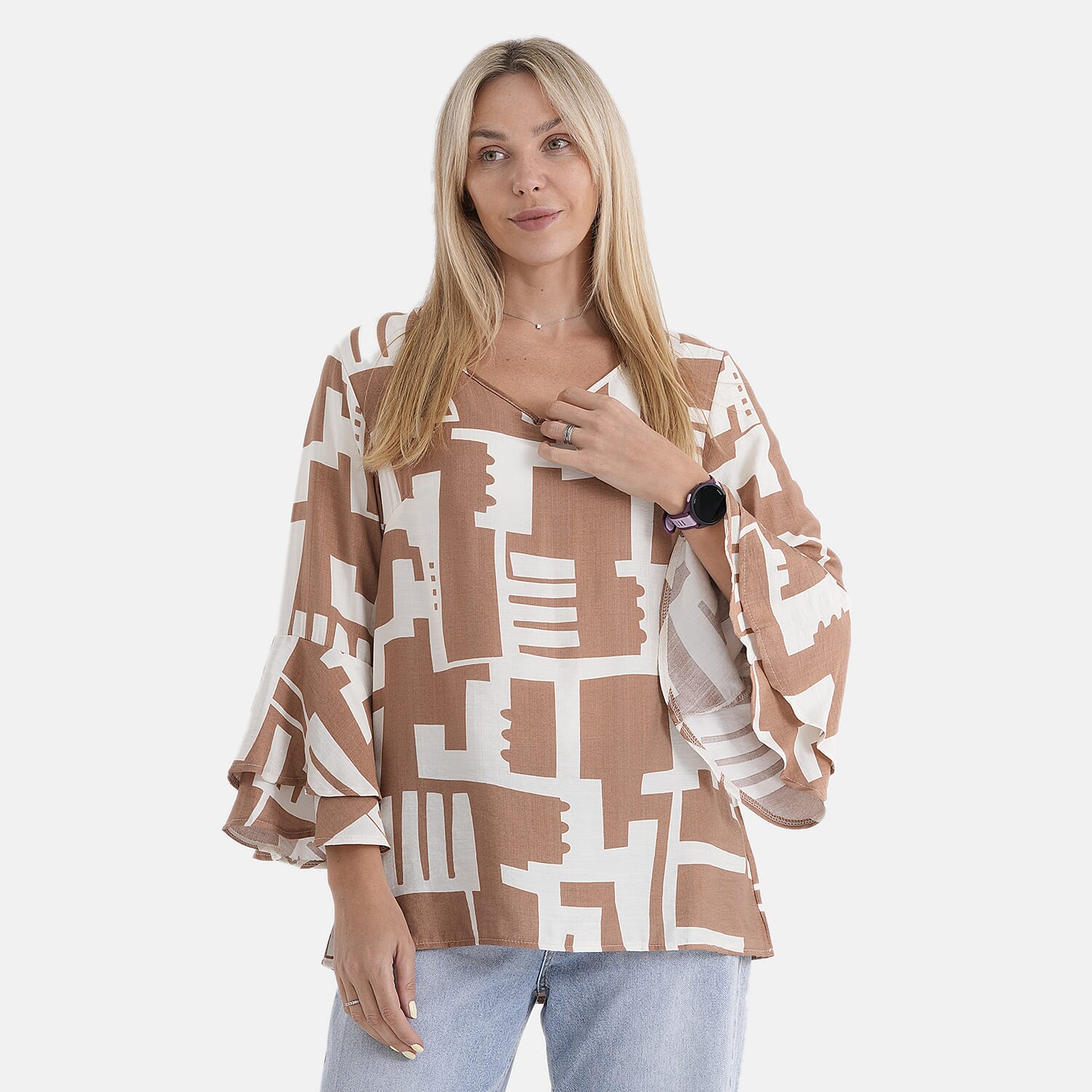 La Marey Round-Neck Flared Sleeve Printed Top (Size 20 to 22) - Light Brown & White