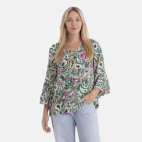 La Marey Round-Neck Flared Sleeve Printed Top (Size 12 to 14) - Multicolour