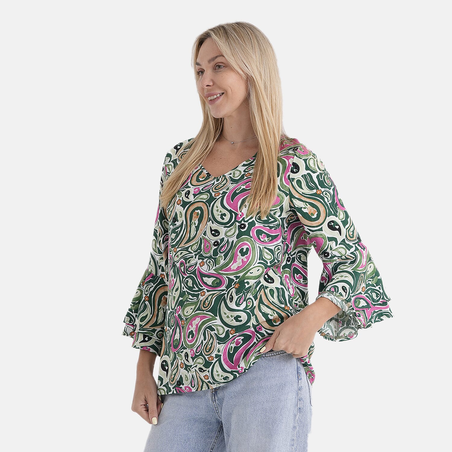 La Marey Round-Neck Flared Sleeve Printed Top (Size 12 to 14) - Multicolour