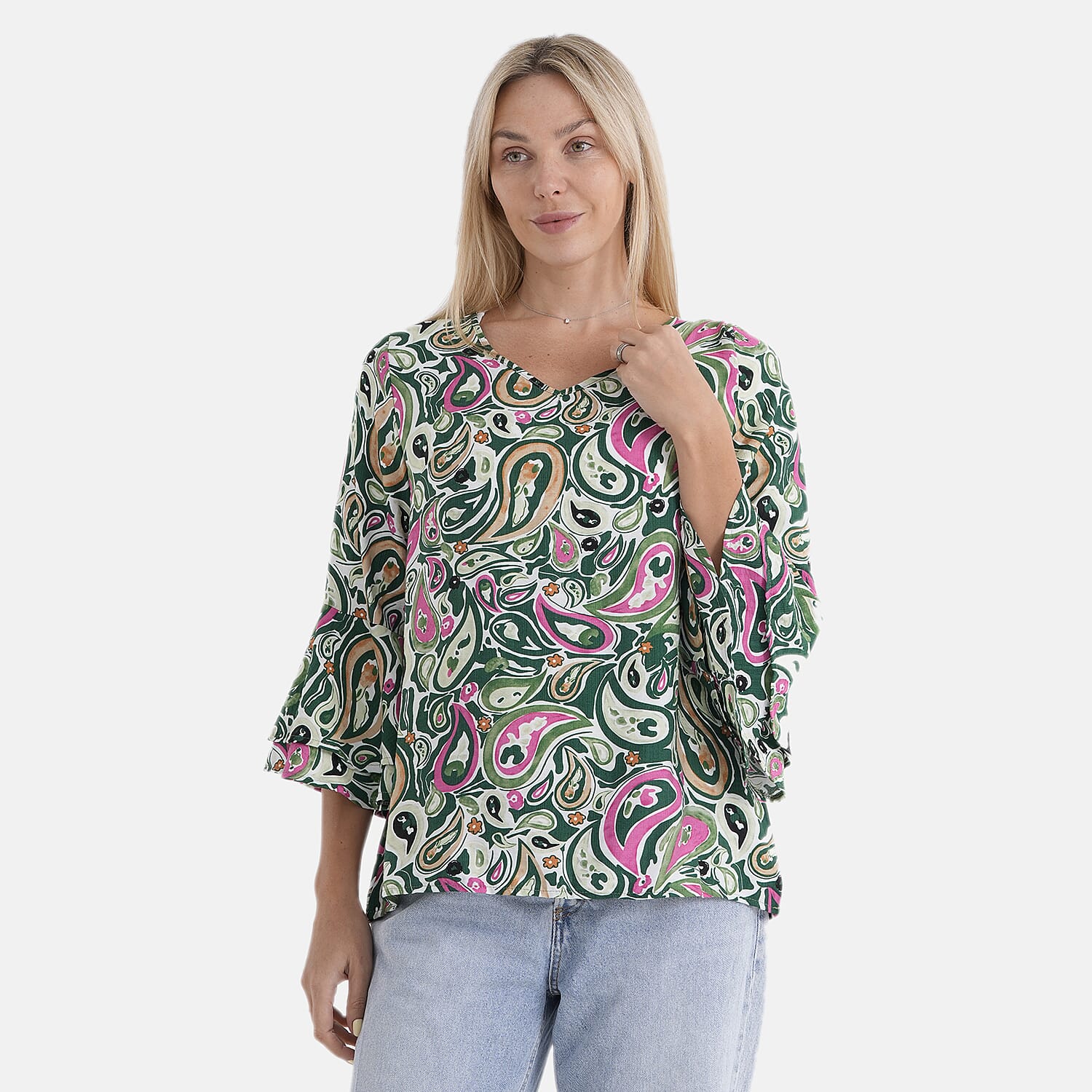La Marey Round-Neck Flared Sleeve Printed Top (Size 12 to 14) - Multicolour