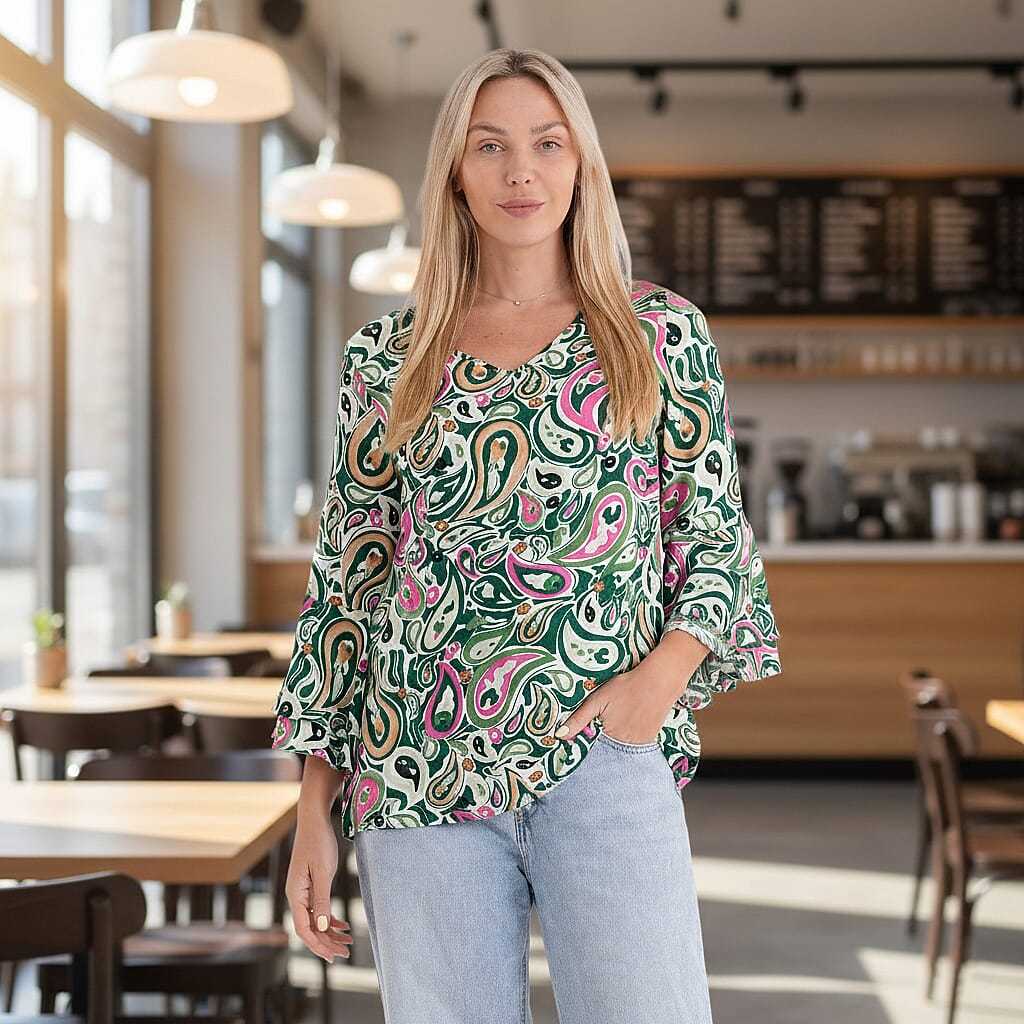 La Marey Round-Neck Flared Sleeve Printed Top (Size 16 to 18) - Multicolour