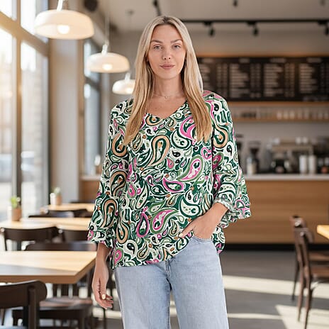 La Marey Round-Neck Flared Sleeve Printed Top (Size 20 to 22) - Multicolour