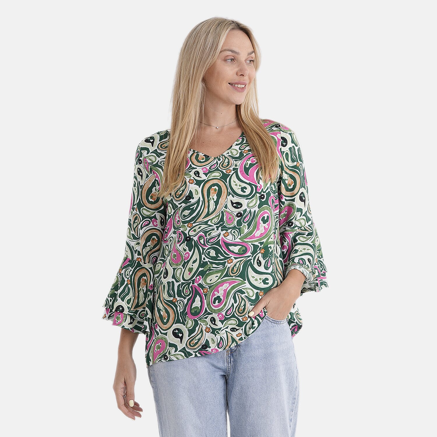 La Marey Round-Neck Flared Sleeve Printed Top (Size 20 to 22) - Multicolour