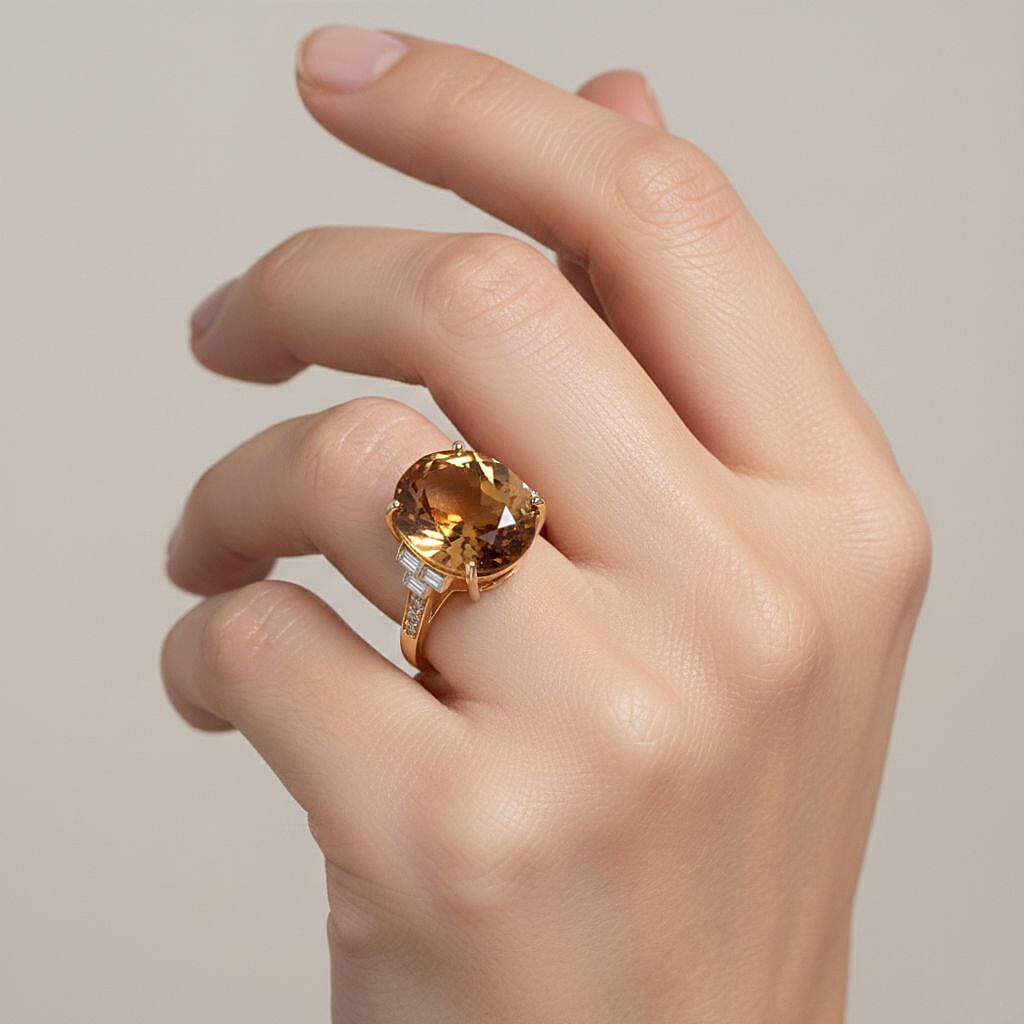 D'Joy Citrine & Moissanite Ring in 18K Vermeil Yellow Gold Plated Sterling Silver 10.31 Ct.
