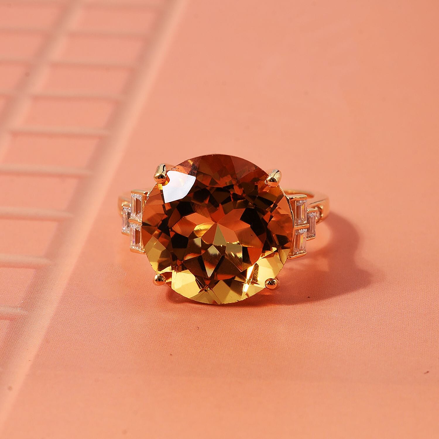 D'Joy Citrine & Moissanite Ring in 18K Vermeil Yellow Gold Plated Sterling Silver 10.31 Ct.