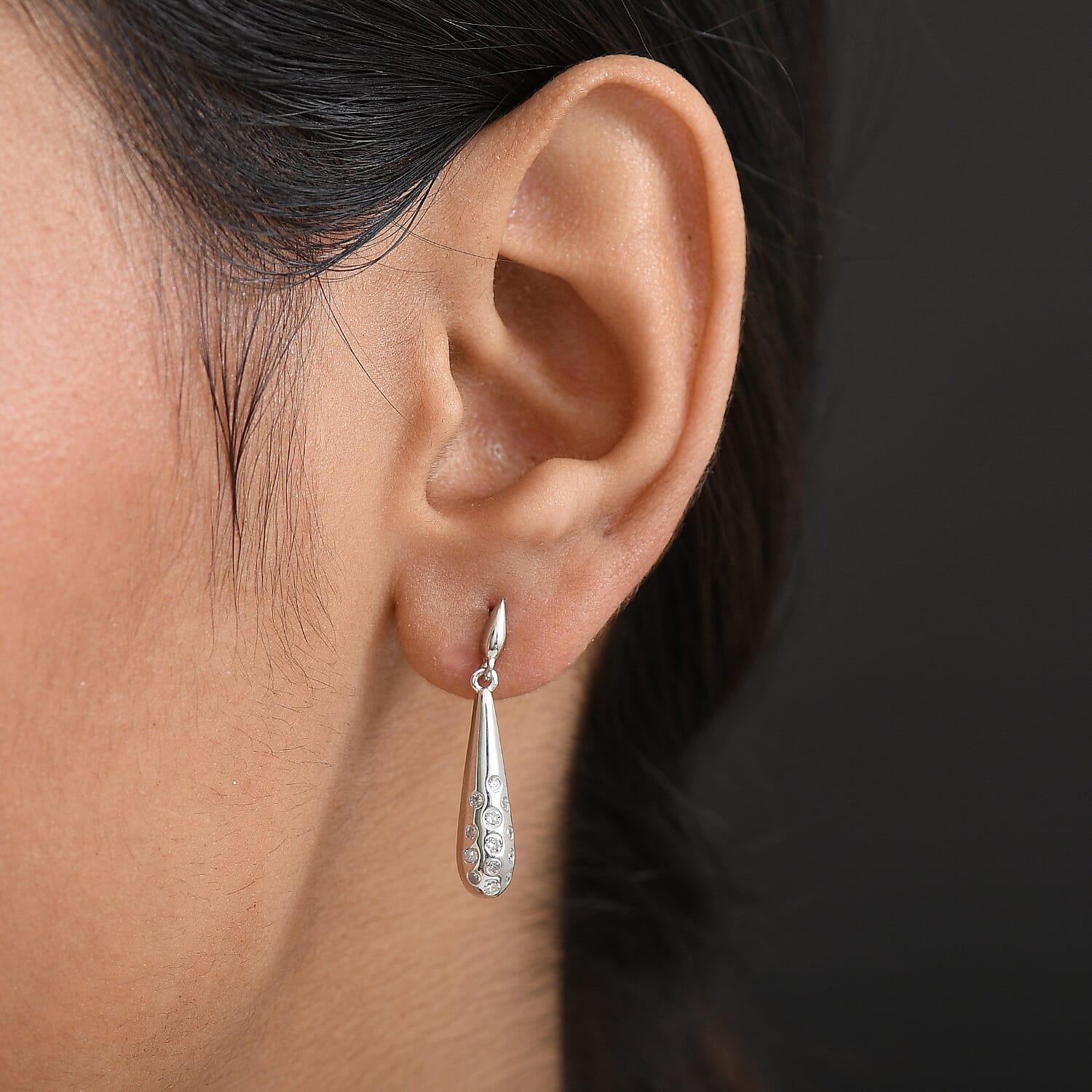 Luxuriant Lab Grown Diamond (SI-GH) Dangling Earring with Push Back in Rhodium Overlay Sterling Silver 0.26 Ct.