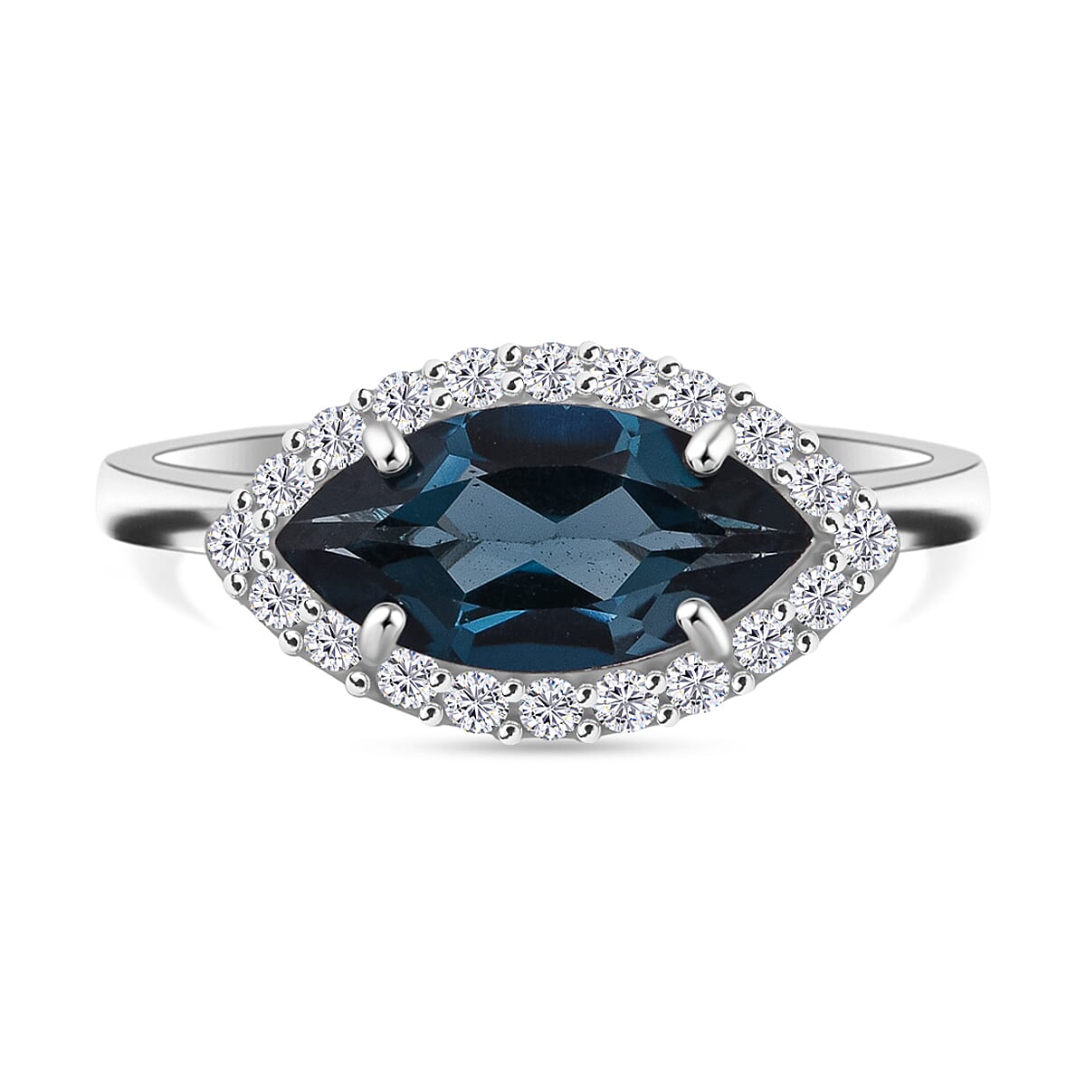 D'Joy London Blue Topaz & Moissanite Ring in Rhodium Overlay Sterling Silver 2.14 Ct.