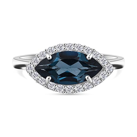 D'Joy London Blue Topaz & Moissanite Ring in Rhodium Overlay Sterling Silver 2.14 Ct.