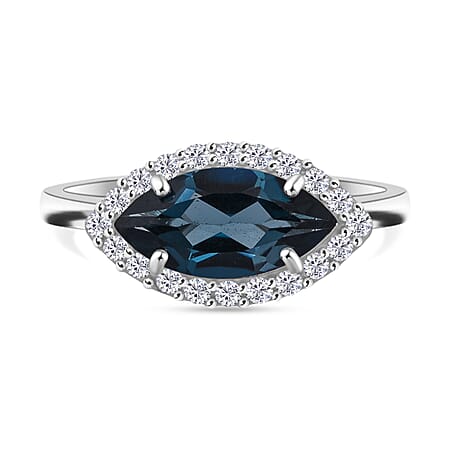 D'Joy London Blue Topaz & Moissanite Ring in Rhodium Overlay Sterling Silver 2.14 Ct. D'Joy London Blue Topaz & Moissanite Ring in Rhodium Overlay Sterling Silver 2.14 Ct.