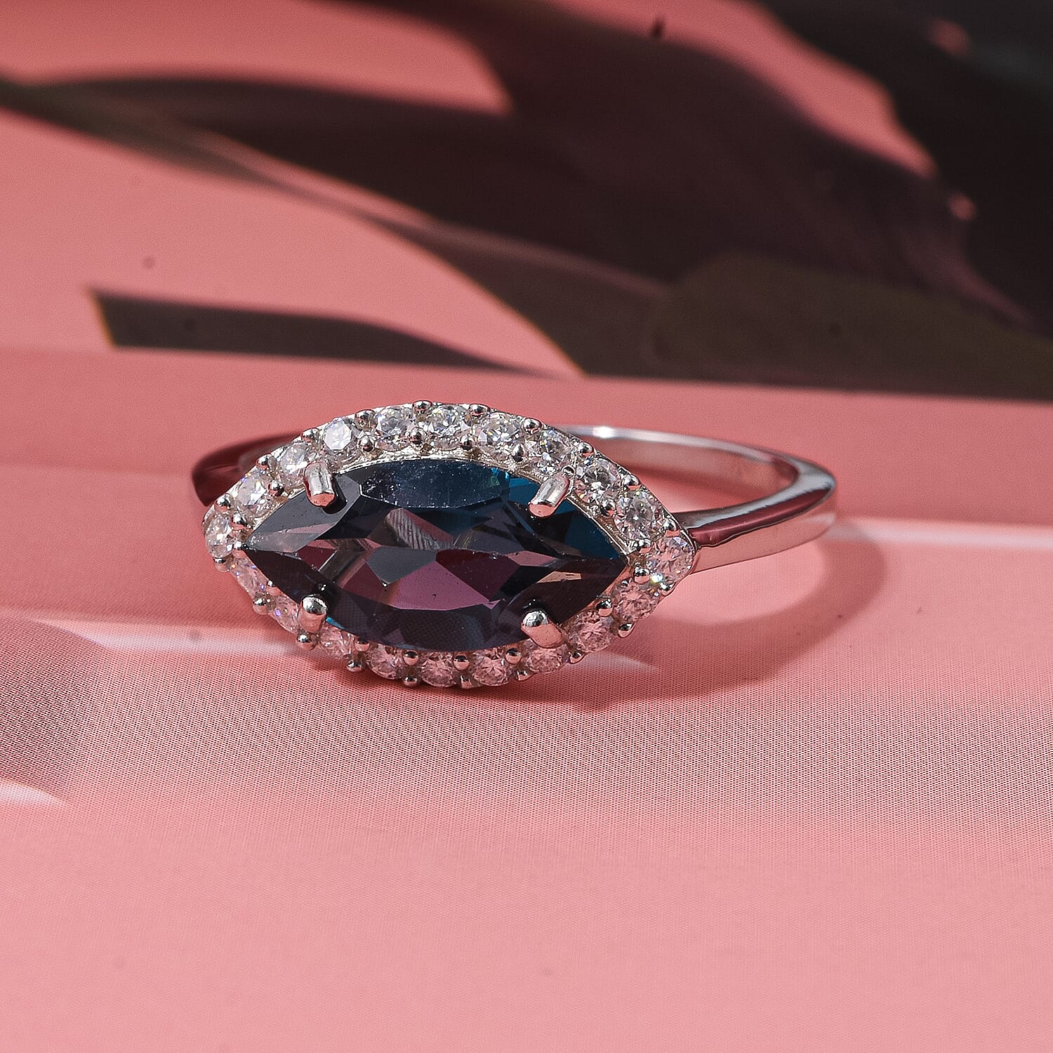 D'Joy London Blue Topaz & Moissanite Ring in Rhodium Overlay Sterling Silver 2.14 Ct.