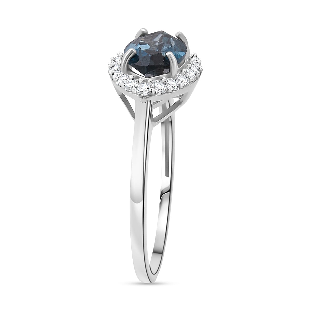 D'Joy London Blue Topaz & Moissanite Ring in Rhodium Overlay Sterling Silver 2.14 Ct.