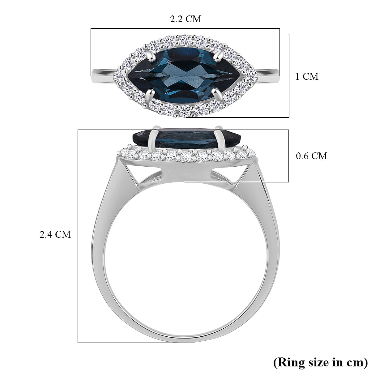 D'Joy London Blue Topaz & Moissanite Ring in Rhodium Overlay Sterling Silver 2.14 Ct.