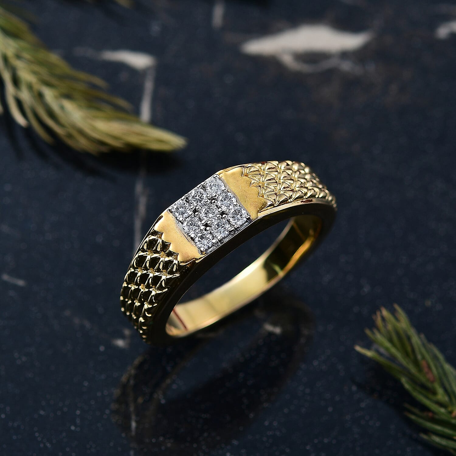 Luxuriant Lab Grown Diamond (SI-GH) Mens Ring in 18K Vermeil Yellow Gold Plated Sterling Silver 0.24 Ct, Silver Wt. 7.44 Gms.