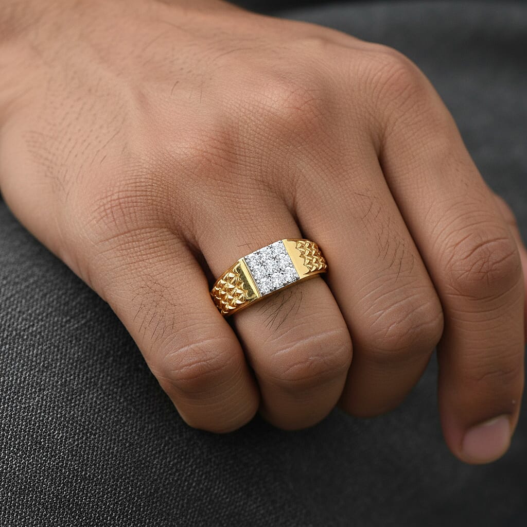 Luxuriant Lab Grown Diamond (SI-GH) Mens Ring in 18K Vermeil Yellow Gold Plated Sterling Silver 0.24 Ct, Silver Wt. 7.44 Gms.