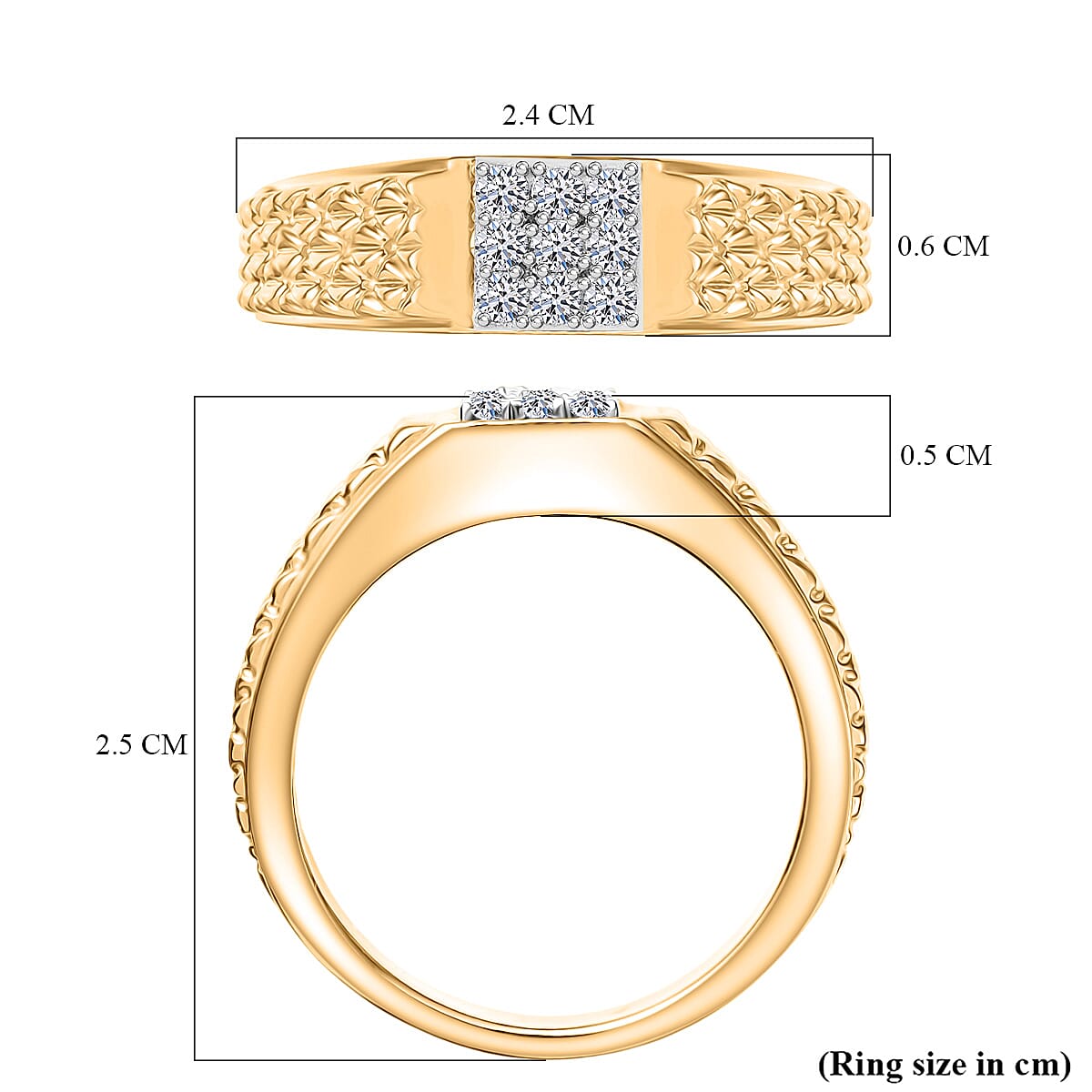 Luxuriant Lab Grown Diamond (SI-GH) Mens Ring in 18K Vermeil Yellow Gold Plated Sterling Silver 0.24 Ct, Silver Wt. 7.44 Gms.