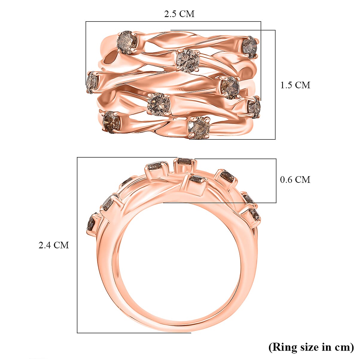 D'Joy Champagne Diamond Fancy Ring in 18K RG VermeilSterling Silver, Silver Wt.9.17 Gms  1.044  Ct.