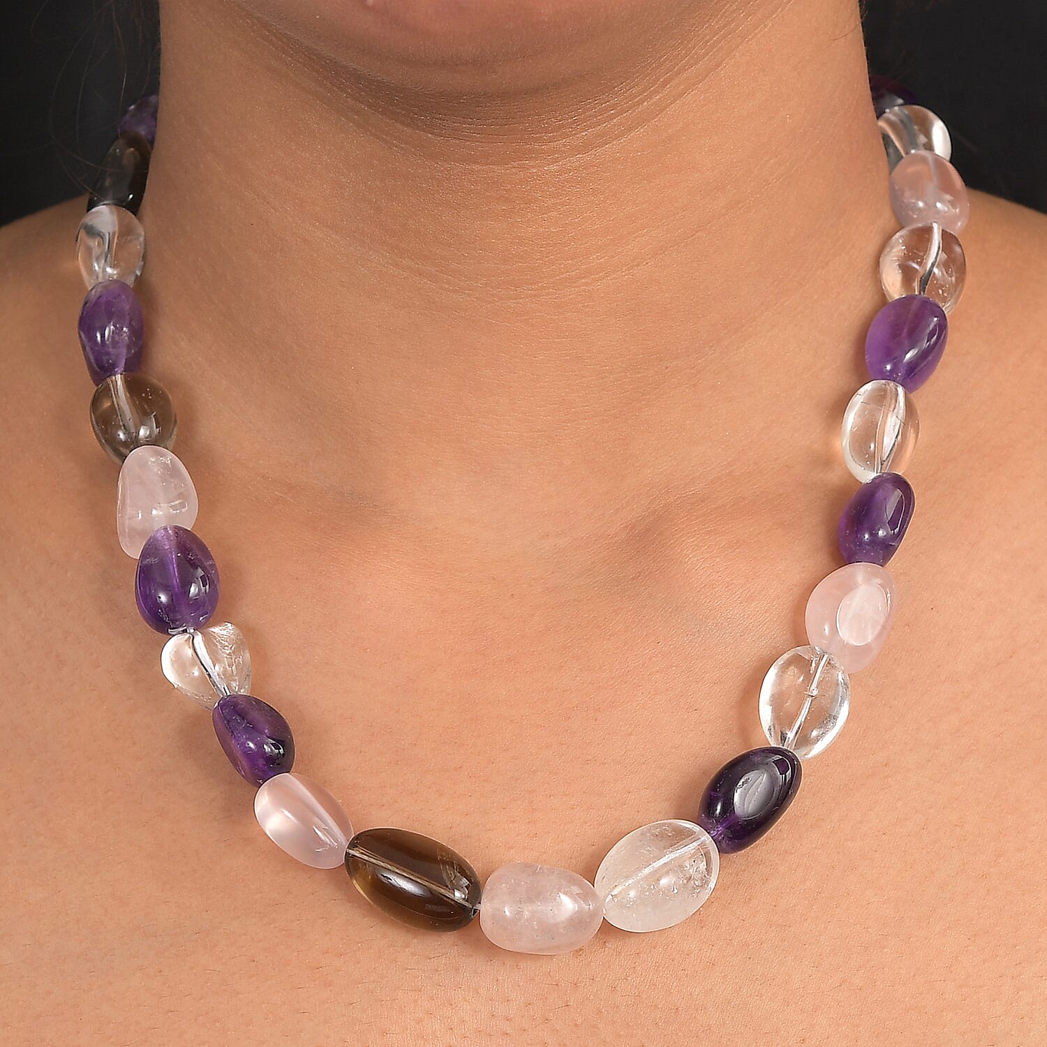 Neapolitan Dreams - Natural Zambian Amethyst,Galilea Rose Quartz, Smoky Quartz & Crystal Quartz Platinum Overlay Necklace (Size - 18-1 EXT) 400.00 Ct.
