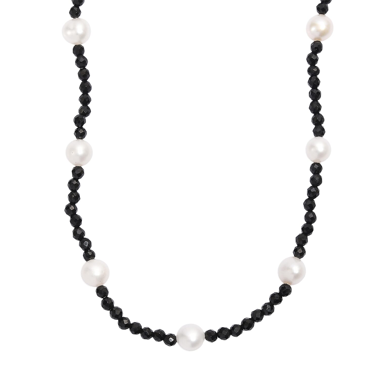 D'Joy Fresh Water Pearl & Black Spinel Necklace (Size - 24) in Rhodium Overlay Sterling Silver 45.00 Ct.