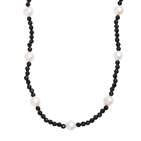 D'Joy Fresh Water Pearl & Black Spinel Necklace (Size - 24) in Rhodium Overlay Sterling Silver 45.00 Ct.