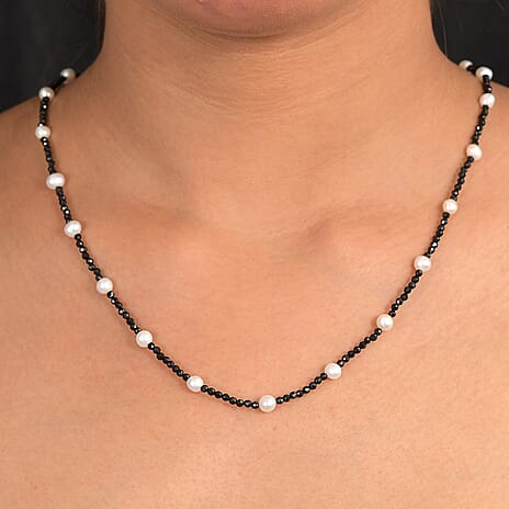 D'Joy Fresh Water Pearl & Black Spinel Necklace (Size - 24) in Rhodium Overlay Sterling Silver 45.00 Ct.